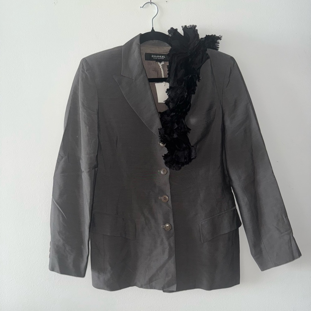 Emanuel Ungaro Gray Blazer with Black Ruffle Trim